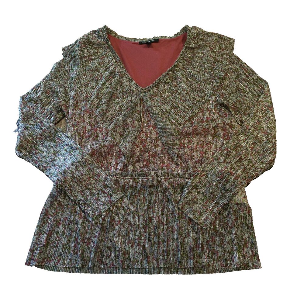 INC retro shimmer floral blouse XL metallic crinkle chiffon v neck ruffle top